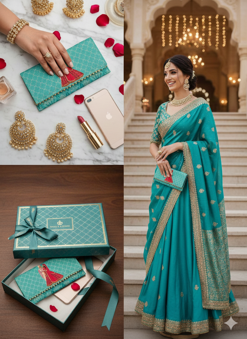 Teal Silk Wedding Motif Envelope Clutch