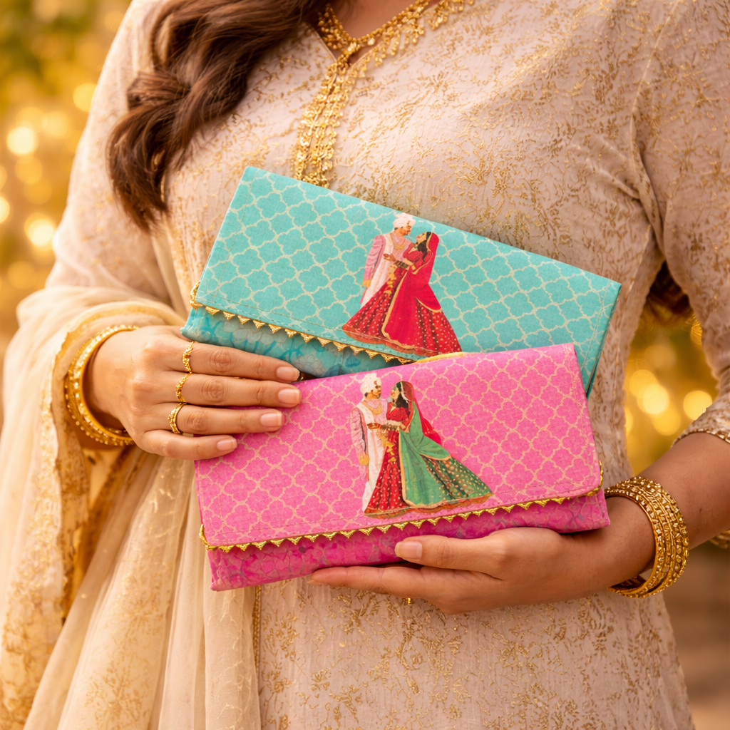 Teal Silk Wedding Motif Envelope Clutch