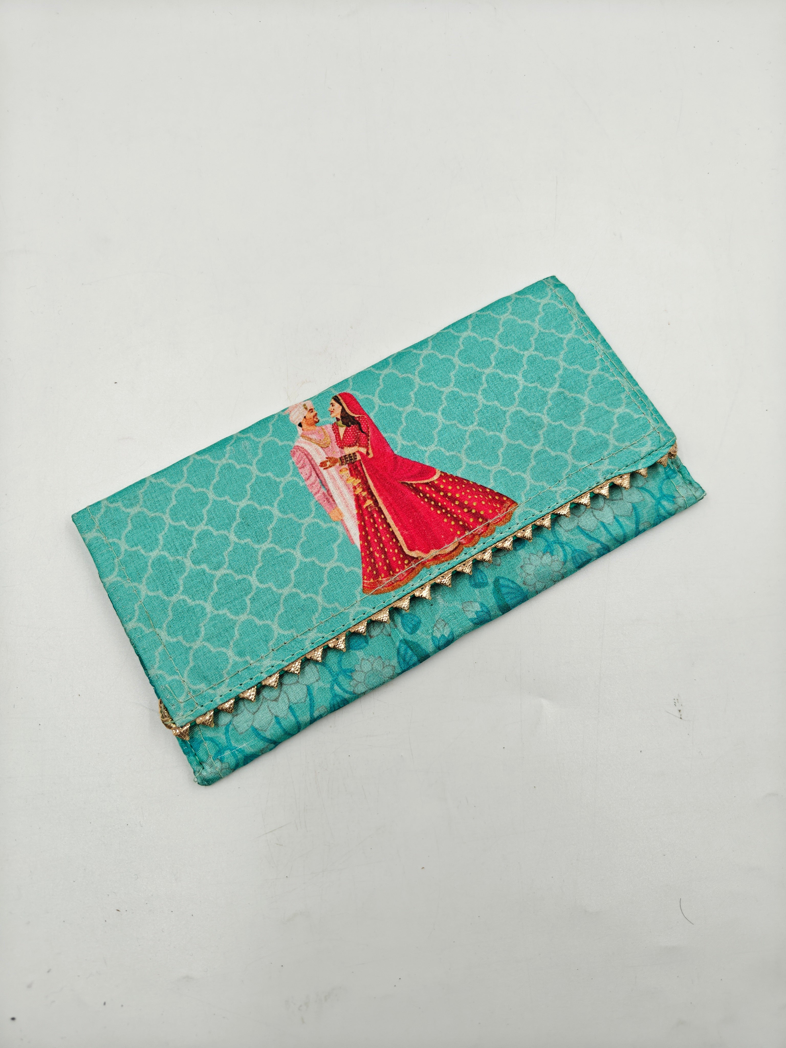 Teal Silk Wedding Motif Envelope Clutch